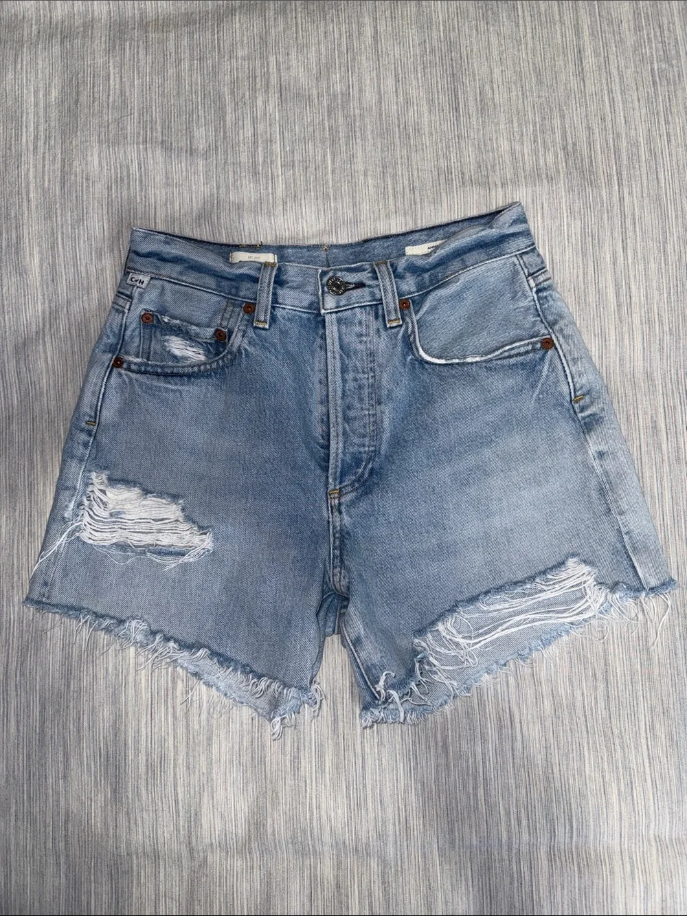 Citizens Of Humanity Annabelle Long Light Blue Distressed Denim Cutoff Shorts